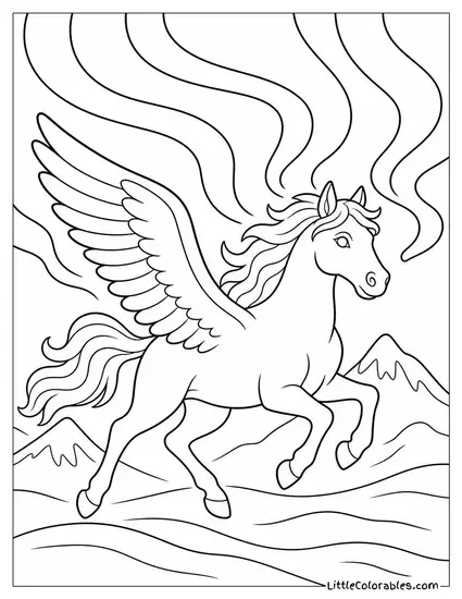 Realistic Pegasus With Glowing Mane Galloping Beneath the Northern Lights Coloring Page