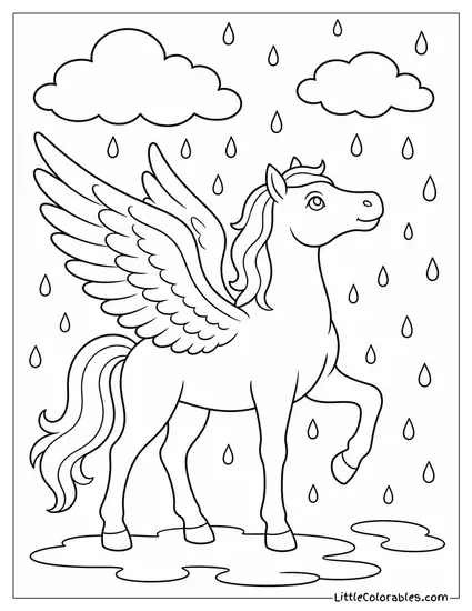 Realistic Pegasus With Wings Catching Raindrops During a Gentle Storm Coloring Page