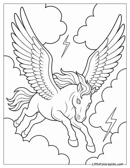 Realistic Pegasus With Wings Outstretched Diving Through Storm Clouds Coloring Page