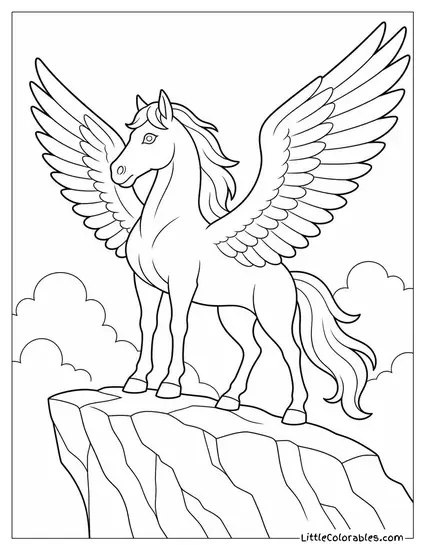 Realistic Pegasus With Wings Spread Wide Perched on a Rocky Cliff Coloring Page