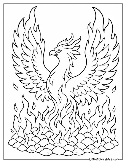 Realistic Phoenix Rising From a Bed of Glowing Embers With Wings Ablaze Coloring Page