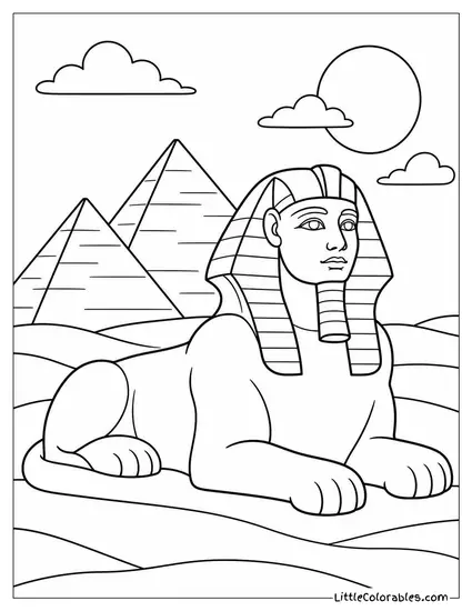 Realistic Sphinx Resting Before Ancient Pyramids Under a Desert Sunset Coloring Page