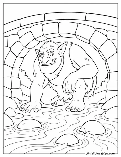 Realistic Troll Crouched Beneath a Stone Bridge Over a Rushing River Coloring Page