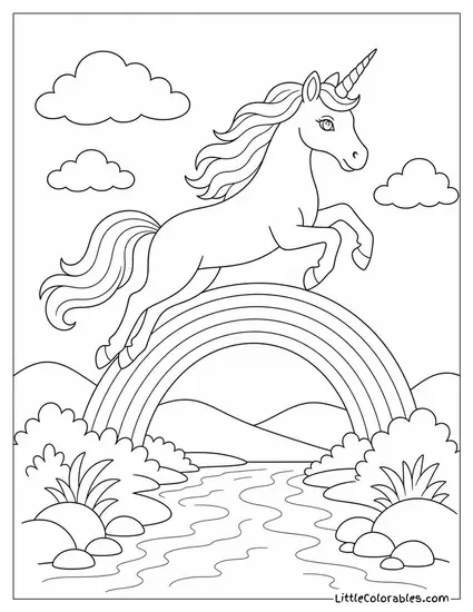 Realistic Unicorn Caught Mid Leap Over a Rainbow Lit Stream Coloring Page
