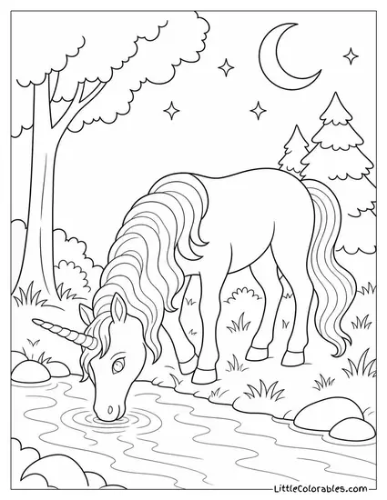 Realistic Unicorn Drinking From a Moonlit Forest Stream Coloring Page