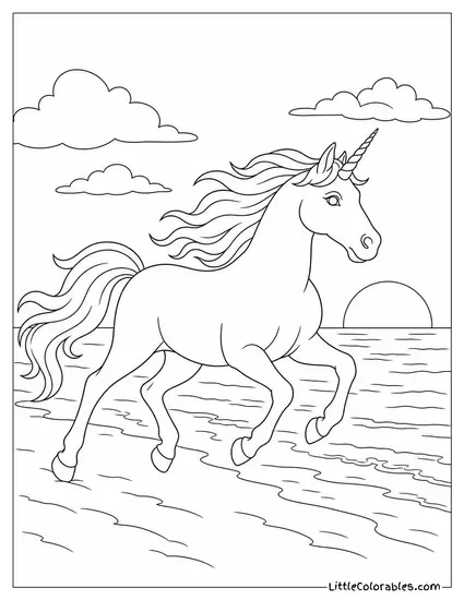 Realistic Unicorn Galloping Across a Windswept Beach at Sunset Coloring Page