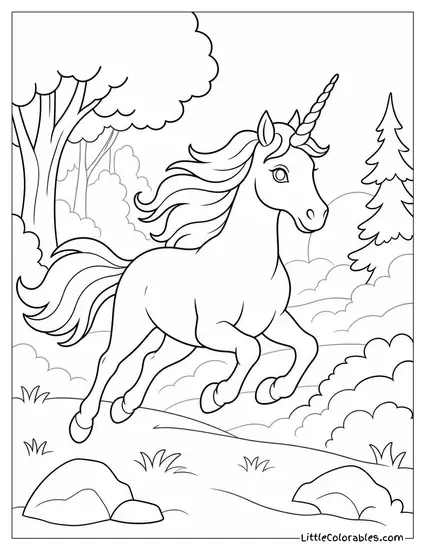 Realistic Unicorn Galloping Through a Misty Enchanted Forest at Dawn Coloring Page