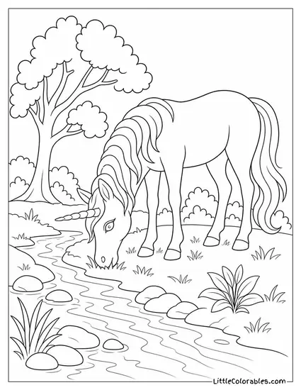 Realistic Unicorn Grazing Beside a Babbling Woodland Brook Coloring Page