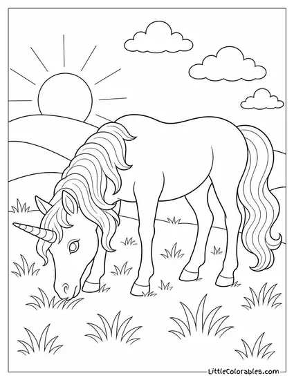 Realistic Unicorn Grazing in a Meadow at Golden Hour Coloring Page