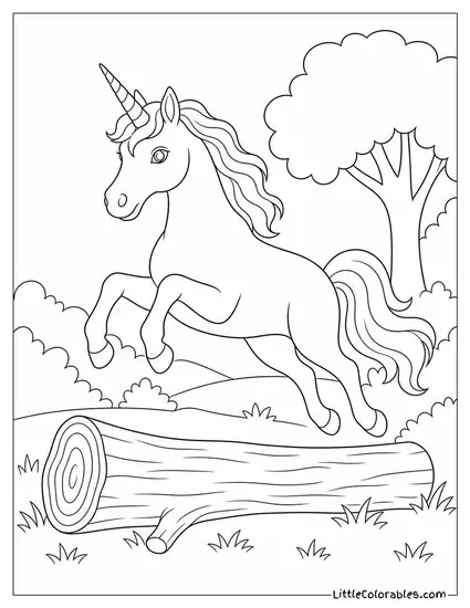 Realistic Unicorn Leaping Over a Fallen Log in a Sunlit Glade Coloring Page