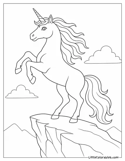 Realistic Unicorn Rearing on a Cliff Edge With Mane Flowing in the Wind Coloring Page