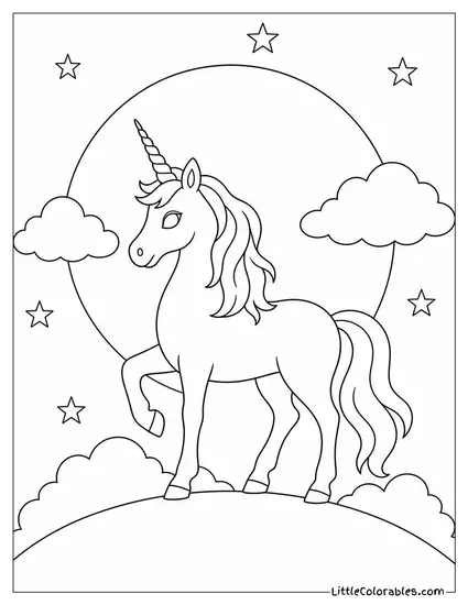 Realistic Unicorn Silhouetted Against a Glowing Full Moon Coloring Page