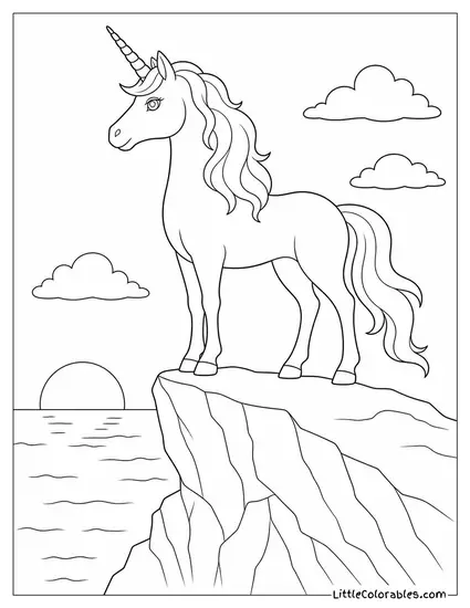 Realistic Unicorn Standing Atop a Rocky Cliff Overlooking the Sea Coloring Page