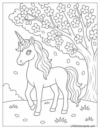 Realistic Unicorn Standing Beneath a Blossoming Cherry Tree Coloring Page