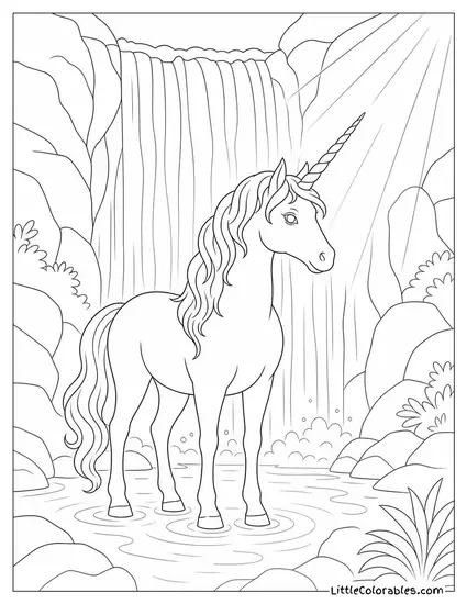 Realistic Unicorn Standing Beneath a Waterfall With Light Catching Its Horn Coloring Page