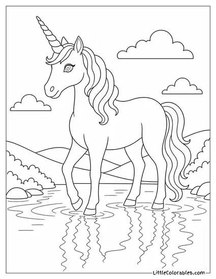 Realistic Unicorn Standing in Shallow Water With Reflections Rippling Coloring Page