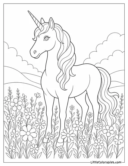 Realistic Unicorn Standing Knee Deep in a Field of Wildflowers Coloring Page