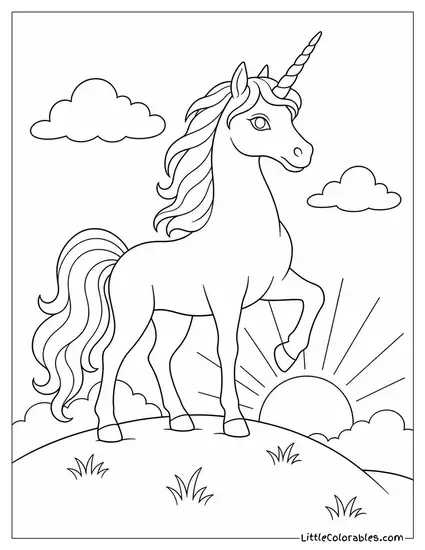 Realistic Unicorn Standing Proudly on a Hilltop at Sunrise Coloring Page