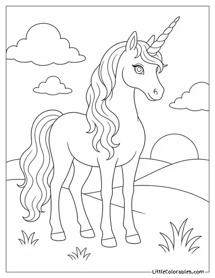 Realistic Unicorn With an Opalescent Horn Glowing Softly at Dusk Coloring Page