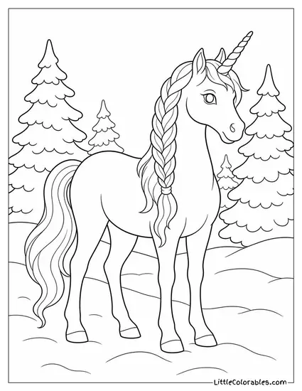 Realistic Unicorn With Braided Mane Standing in a Snowy Pine Forest Coloring Page