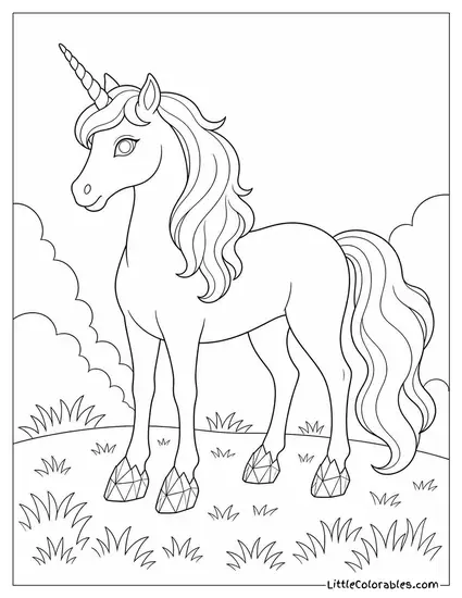 Realistic Unicorn With Crystalline Hooves Standing on Frosted Grass Coloring Page