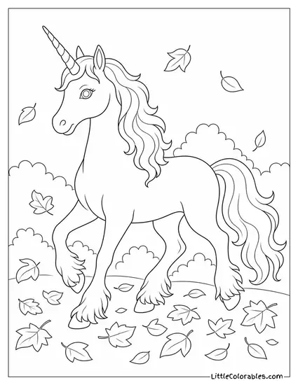 Realistic Unicorn With Feathered Fetlocks Trotting Through Autumn Leaves Coloring Page