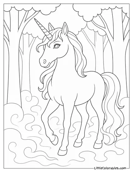 Realistic Unicorn With Mist Curling Around Its Legs in a Dark Forest Coloring Page