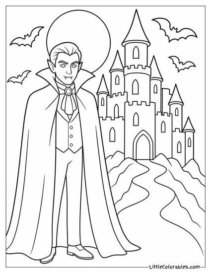 Realistic Vampire Standing Before His Gothic Castle as Bats Stream Past Coloring Page