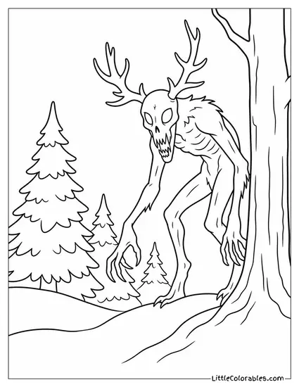 Realistic Wendigo Looming at the Edge of a Snow Covered Pine Forest Coloring Page