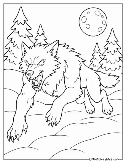 Realistic Werewolf Bounding Through a Snowy Forest Under a Pale Moon Coloring Page