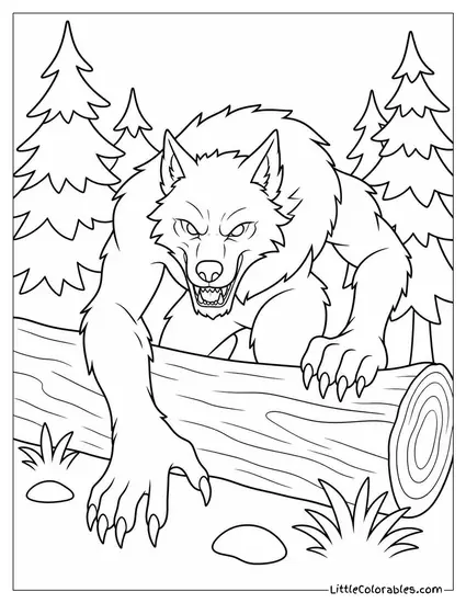 Realistic Werewolf Climbing Over a Fallen Log in a Dense Pine Forest Coloring Page