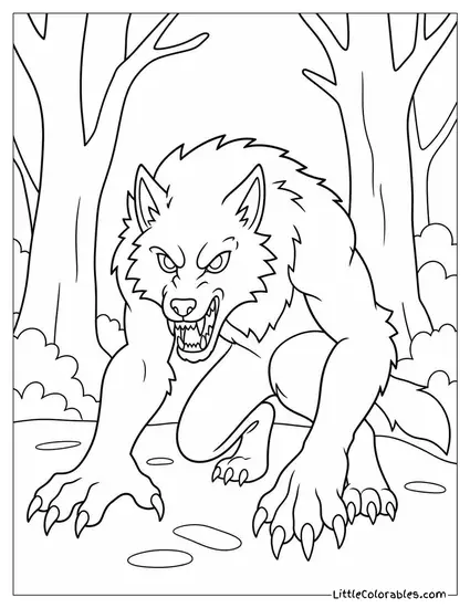 Realistic Werewolf Crouched Low With Claws Bared in a Misty Forest Coloring Page