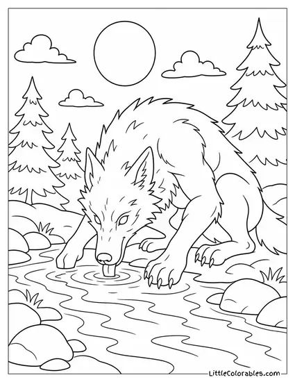 Realistic Werewolf Drinking From a Moonlit Forest Stream Coloring Page