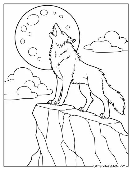 Realistic Werewolf Howling Atop a Jagged Cliff Beneath a Blood Red Moon Coloring Page
