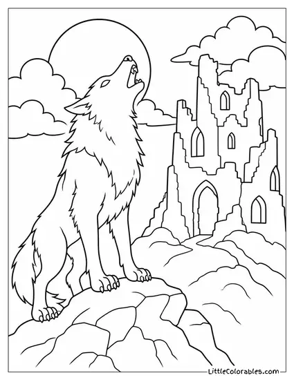 Realistic Werewolf Howling Beside a Crumbling Castle Under Stormy Clouds Coloring Page