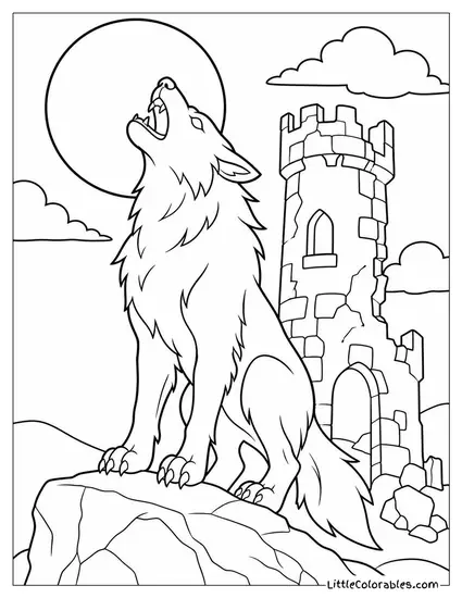 Realistic Werewolf Howling Beside a Crumbling Stone Tower at Midnight Coloring Page