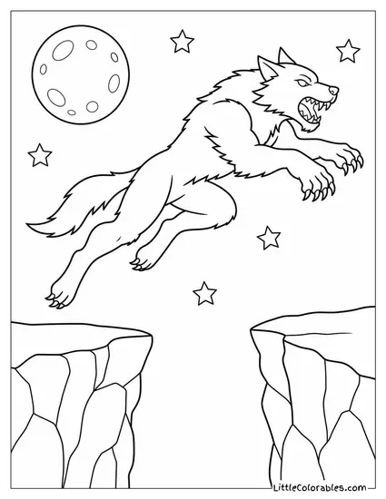 Realistic Werewolf Leaping Across a Rocky Ravine Under a Starry Sky Coloring Page