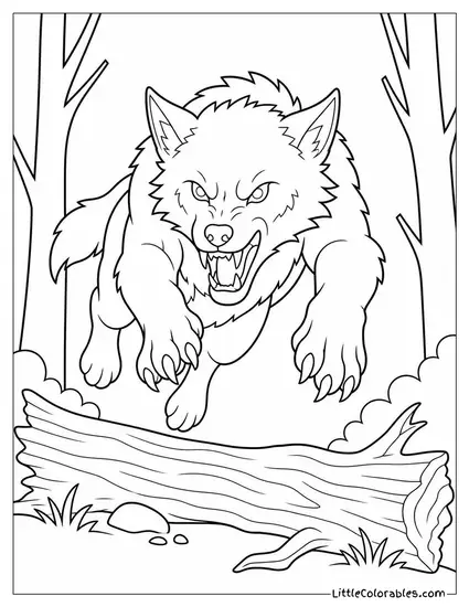 Realistic Werewolf Mid Leap Over a Fallen Tree in a Dark Forest Coloring Page
