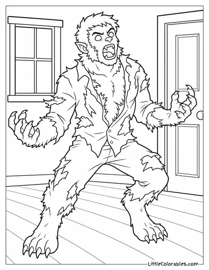 Realistic Werewolf Mid Transformation With Fur Bursting Through Torn Clothing Coloring Page