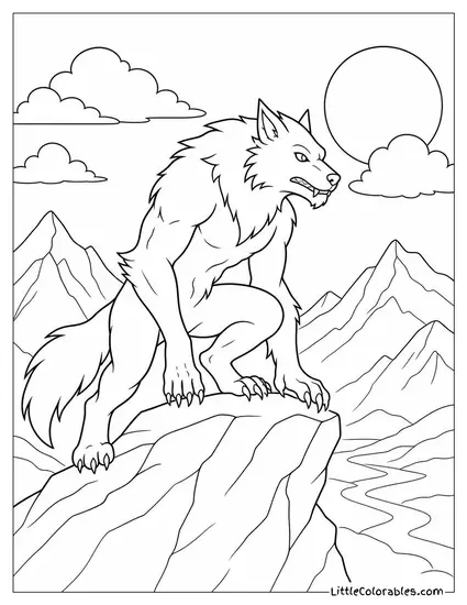 Realistic Werewolf Perched on a Rocky Outcrop Overlooking a Misty Valley Coloring Page