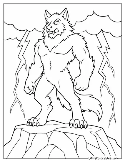 Realistic Werewolf Standing Defiantly in a Thunderstorm With Lightning Behind It Coloring Page