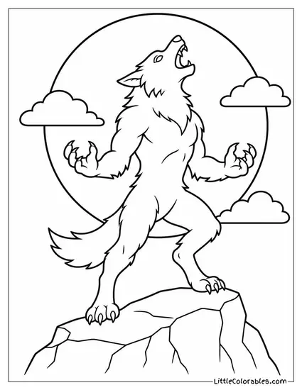 Realistic Werewolf Standing on Hind Legs Silhouetted Against a Full Moon Coloring Page