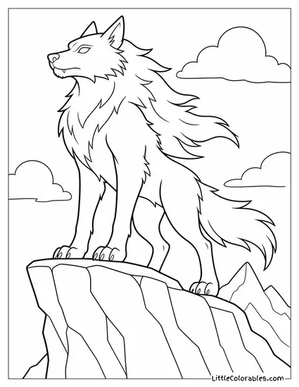 Realistic Werewolf Standing Tall on a Cliff With Wind Blowing Through Its Fur Coloring Page