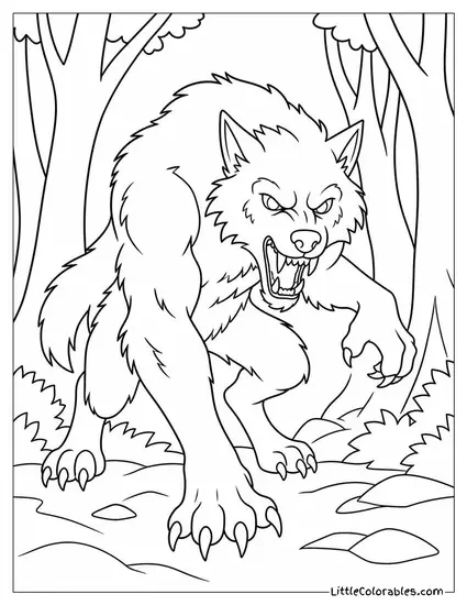 Realistic Werewolf With Bared Fangs Stalking Through a Dense Dark Forest Coloring Page
