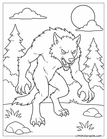 Realistic Werewolf With Bristled Fur Pacing Restlessly in a Moonlit Clearing Coloring Page