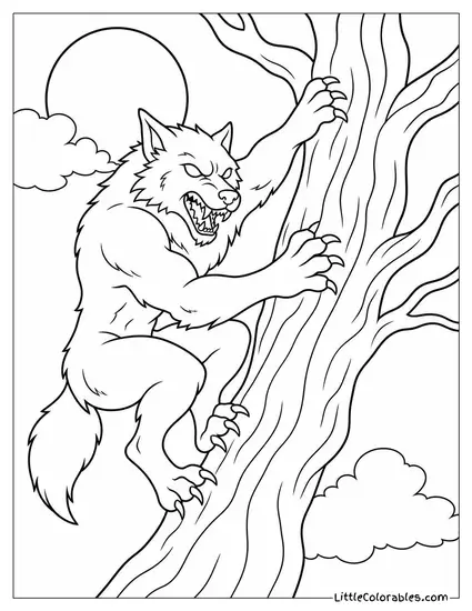 Realistic Werewolf With Claws Dug Into Bark Climbing a Twisted Tree Coloring Page