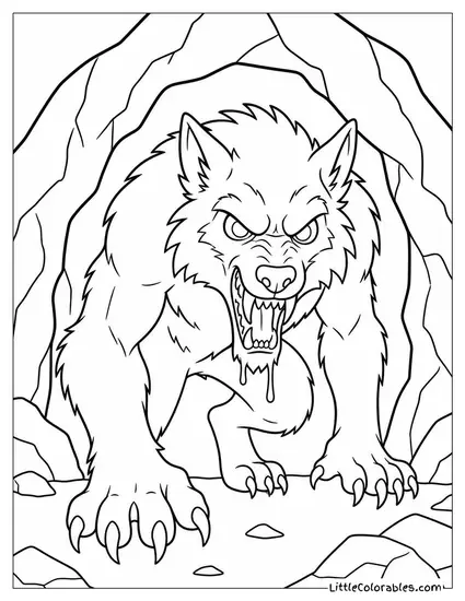 Realistic Werewolf With Dripping Fangs Emerging From a Dark Cave Coloring Page