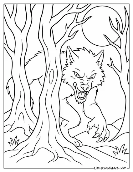 Realistic Werewolf With Glowing Yellow Eyes Lurking Behind Twisted Trees Coloring Page