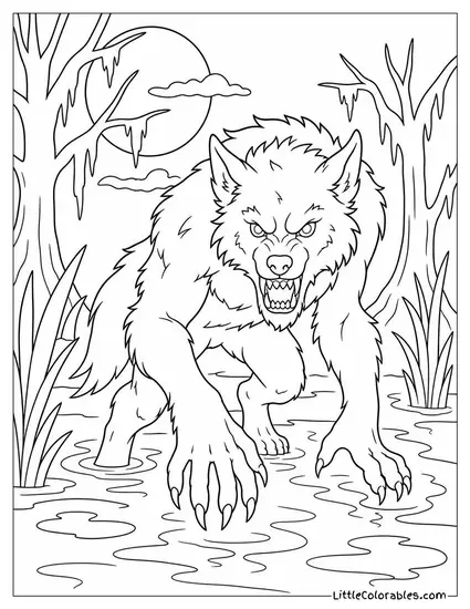 Realistic Werewolf With Matted Fur Prowling Through a Moonlit Swamp Coloring Page