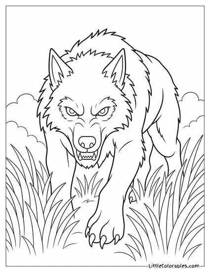 Realistic Werewolf With Piercing Eyes Stalking Prey Through Tall Grass Coloring Page